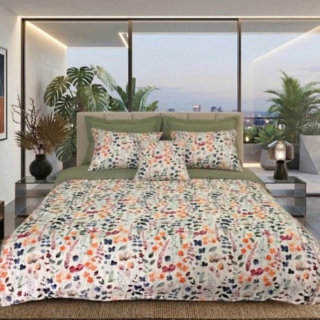 Lenjerie de pat dubla cu elastic din bumbac 100% reversibila flori si fluturi colorati, 4 piese, fabricata in Romania