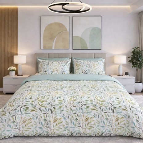 Lenjerie de pat dubla cu elastic din bumbac 100% reversibila frunze verzi natural elegant, 4 piese, fabricata in Romania