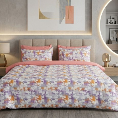 Lenjerie de pat dubla cu elastic din bumbac 100% reversibila model floral alb Orchid Mist, 4 piese, fabricata in Romania