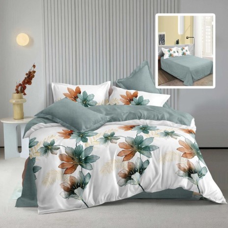 Lenjerie pat finet 6 piese cu frunze naturale in nuante de vere, bej