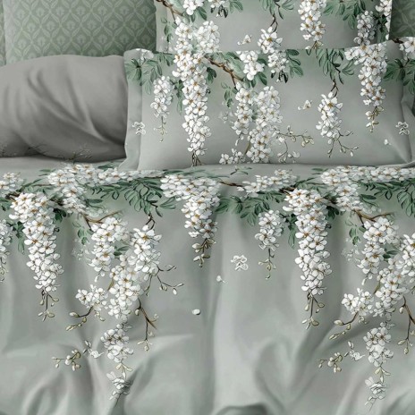 Lenjerie pat finet 6 piese cu flori glicina albe pe fundal verde