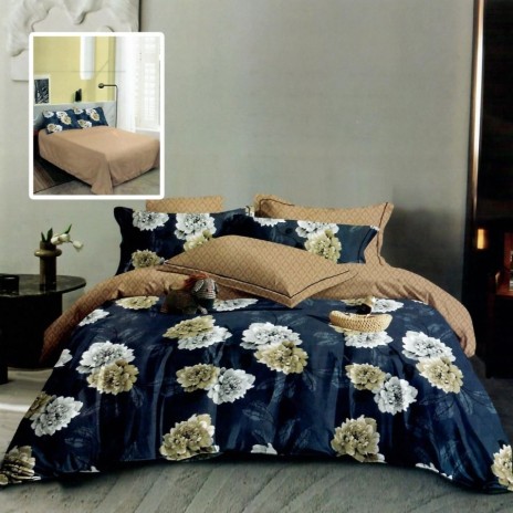 Set lenjerie de pat finet 6 piese cu flori crem si alb pe fundal bleumarin, cearceaf pilota 200x220 cm