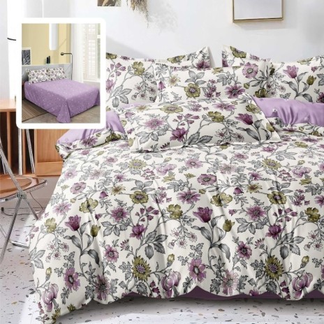 Set lenjerie de pat finet 6 piese floral mov verde pe fundal crem, cearceaf pilota 200x220 cm