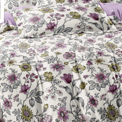 Set lenjerie de pat finet 6 piese floral mov verde pe fundal crem, cearceaf pilota 200x220 cm