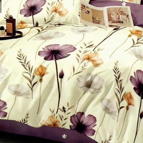 Set lenjerie de pat finet 6 piese cu flori mov, galben pe fundal crem, cearceaf pilota 200x220 cm