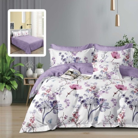 Set lenjerie de pat finet 6 piese cu flori lila roz pe fundal crem, cearceaf pilota 200x220 cm