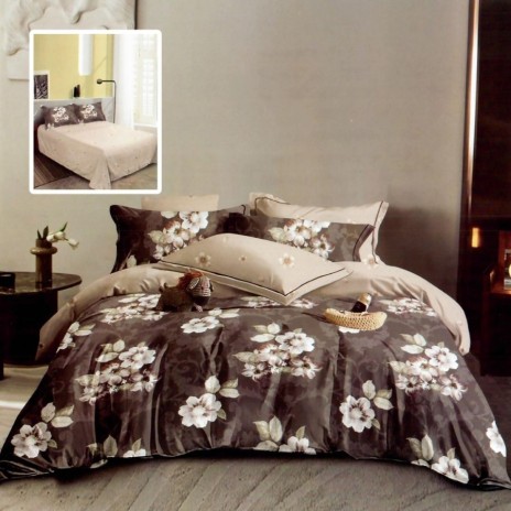 Set lenjerie de pat finet 6 piese cu flori albe pe fundal maro ciocolatiu, cearceaf pilota 200x220 cm