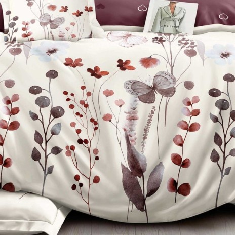 Set lenjerie de pat finet 6 piese cu fluturi si flori bordo pe fundal crem, cearceaf pilota 200x220 cm