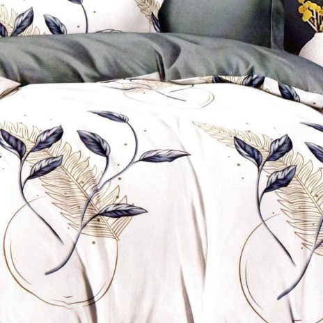 Set lenjerie de pat finet 6 piese cu frunze gri albastrui si bej pe fundal crem, cearceaf pilota 200x220 cm