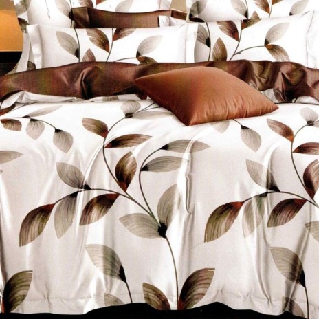 Set lenjerie de pat finet 6 piese cu frunze maro si bej pe fundal crem, cearceaf pilota 200x220 cm