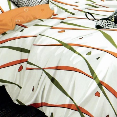 Set lenjerie de pat finet 6 piese cu linii portocalii si verzi pe fundal crem, cearceaf pilota 200x220 cm