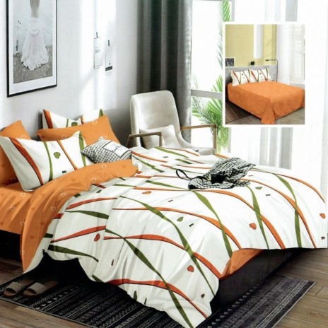 Set lenjerie de pat finet 6 piese cu linii portocalii si verzi pe fundal crem, cearceaf pilota 200x220 cm