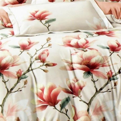 Set lenjerie de pat finet 6 piese cu magnolii roz si bej pe fundal crem, cearceaf pilota 200x220 cm