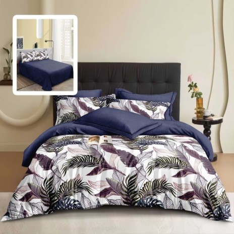 Set lenjerie de pat finet 6 piese cu Frunze tropicale Bleumarin/Violet pe fundal crem, cearceaf pilota 200x220 cm