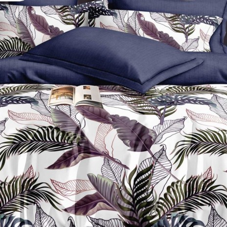 Set lenjerie de pat finet 6 piese cu Frunze tropicale Bleumarin/Violet pe fundal crem, cearceaf pilota 200x220 cm