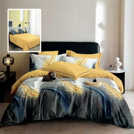 Set lenjerie de pat finet 6 piese cu cu pene galbene si albastre pe fundal gri, cearceaf pilota 200x220 cm