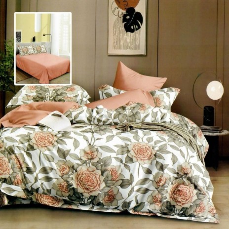 Set lenjerie de pat finet 6 piese cu trandafiri piersica si frunze verzi  pe fundal crem, cearceaf pilota 200x220 cm