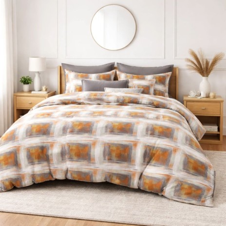 Lenjerie de pat dublu din finet Abstract gri caramel cu imprimeu geometric modern