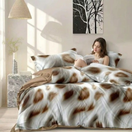 Lenjerie de pat dublu din finet cu 6 piese animal print bej cu efect de blana