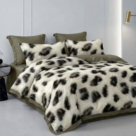 Lenjerie de pat dublu din finet cu 6 piese animal print leopard cu elemente verde olive
