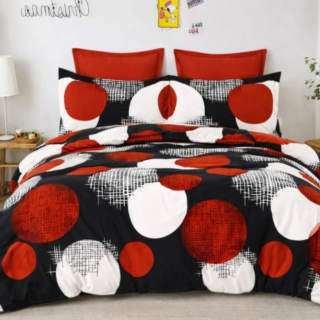 Lenjerie de pat dubla din finet Cercuri caramizii cu imprimeu geometric in nuante de rosu caramiziu alb si negru