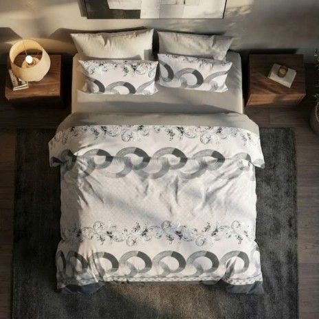 Lenjerie de pat dublu din finet cu 6 piese model cu cercuri gri si design geometric