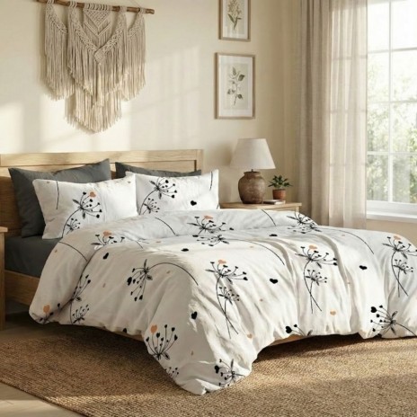 Lenjerie de pat dublu din finet cu 6 piese model floral abstract alb negru bej