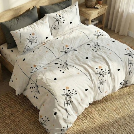 Lenjerie de pat dublu din finet cu 6 piese model floral abstract alb negru bej