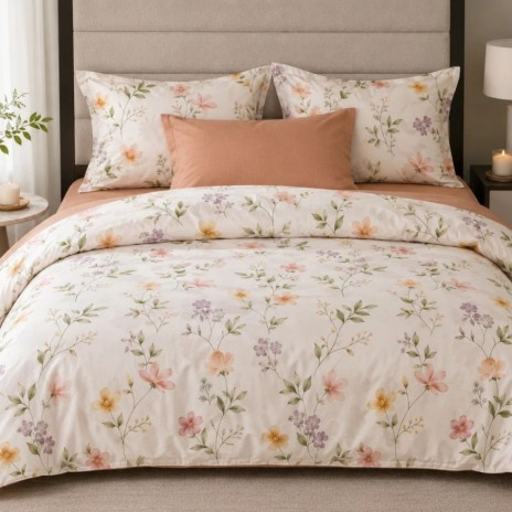 lenjerie de pat dublu din finet cu 6 piese, model Flori pastel pe fundal deschis, cu cearsaf teracota uni