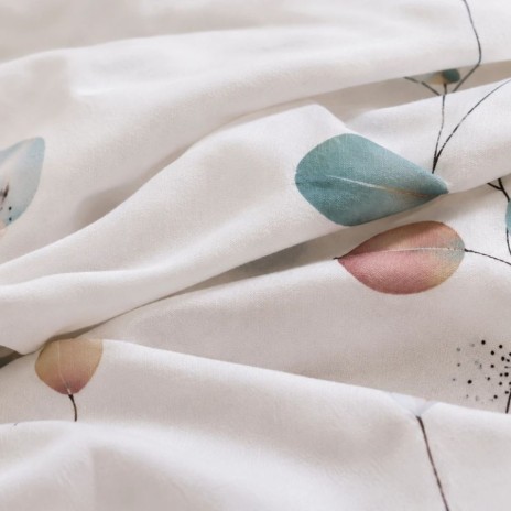 Lenjerie de pat dublu din finet cu 6 piese, model Frunze pastel multicolore pe fundal deschis, cu cearsaf verde salvie-gri uni