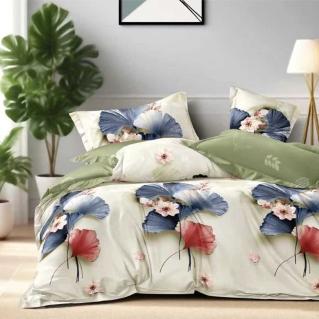 Lenjerie pat finet crem, model cu flori elegante bleu si accente caramizii, set 6 piese cu cearsaf 230x250
