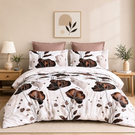 Lenjerie pat finet alba maro, model cu flori elegante maro si negru, set 6 piese cu cearsaf 230x250