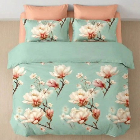 Lenjerie de pat dublu din finet cu 6 piese model cu flori de magnolie pe fundal verde