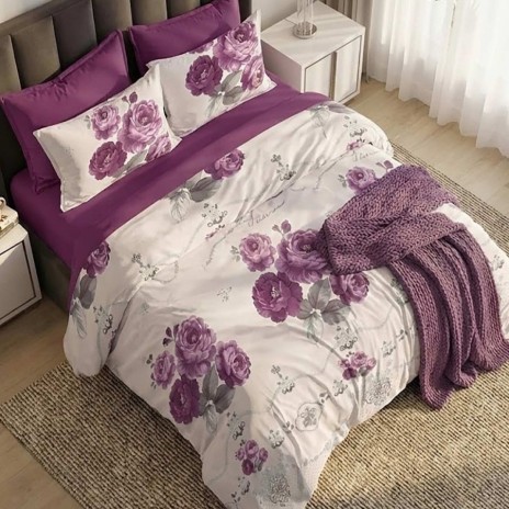 Lenjerie de pat dublu din finet cu 6 piese model cu flori mari mov si lila