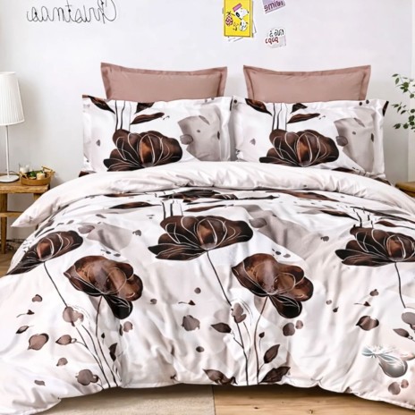 Lenjerie de pat dublu din finet Flori maro cu imprimeu floral elegant in nuante de maro si bej pe fundal deschis