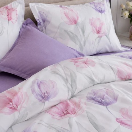 Lenjerie de pat dublu din finet cu 6 piese, model Lalele pastel pe fundal deschis, cu cearsaf lila uni