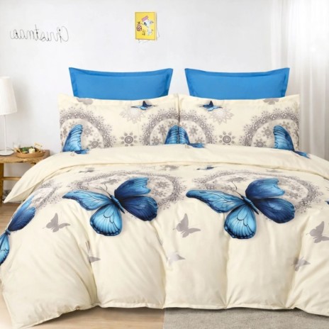 Lenjerie de pat dublu din finet Fluturi albastri cu imprimeu elegant cu fluturi albastri pe fundal crem