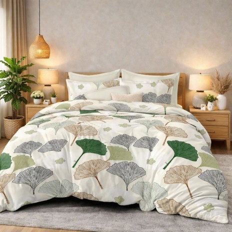 Lenjerie de pat dublu din finet Frunze decorative cu imprimeu elegant cu frunze in nuante de verde, gri si bej