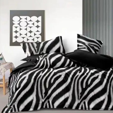 Lenjerie de pat dublu din finet cu 6 piese cu imprimeu zebra alb negru