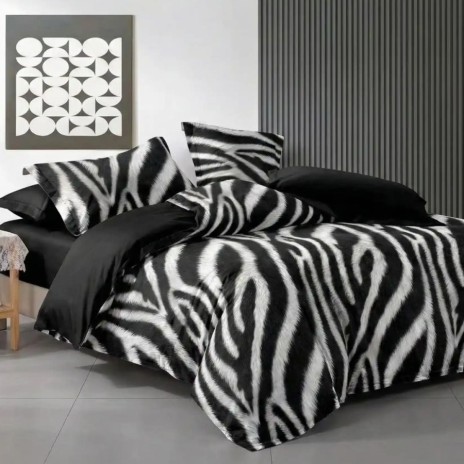 Lenjerie de pat dublu din finet cu 6 piese cu imprimeu zebra alb negru