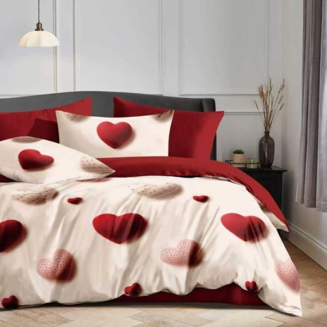 Lenjerie pat finet 6 piese inimi rosii fundal crem romantica, fabricata in Romania