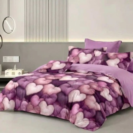 Lenjerie de pat dublu din finet cu 6 piese inimi roz mov, design romantic