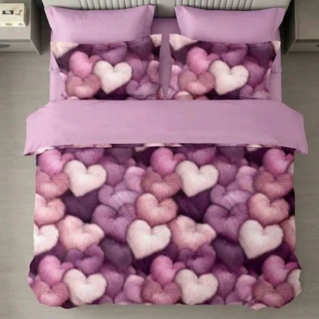 Lenjerie de pat dublu din finet cu 6 piese inimi roz mov, design romantic