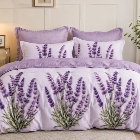 Lenjerie de pat dublu din finet cu 6 piese, model Lavanda pe fundal lila deschis, cu cearsaf mov-lila uni