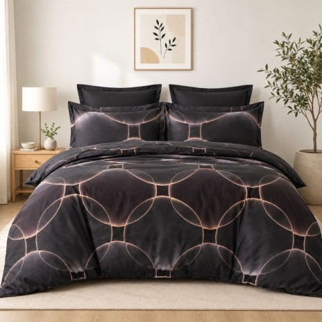 Lenjerie pat finet gri, model geometric cu cercuri si accente aramii, set 6 piese cu cearsaf 230x250