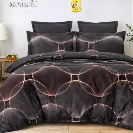 Lenjerie pat finet gri, model geometric cu cercuri si accente aramii, set 6 piese cu cearsaf 230x250