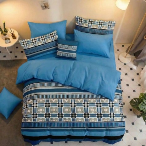 Lenjerie de pat dublu din finet cu 6 piese model geometric albastru