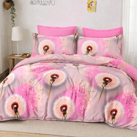 Lenjerie pat finet roz, model cu papadii pe fundal roz pal si cearsaf roz, set 6 piese 230x250