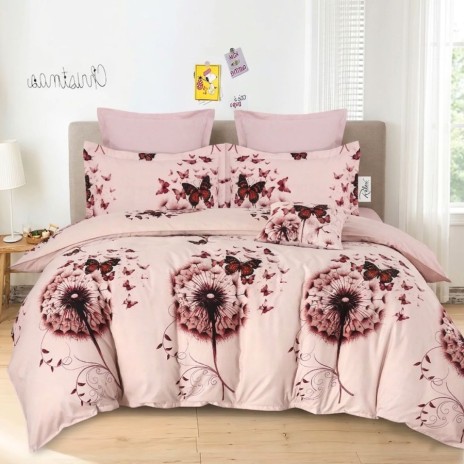 Lenjerie de pat dublu din finet Papadii si fluturi cu imprimeu roz cu papadii decorative si fluturi