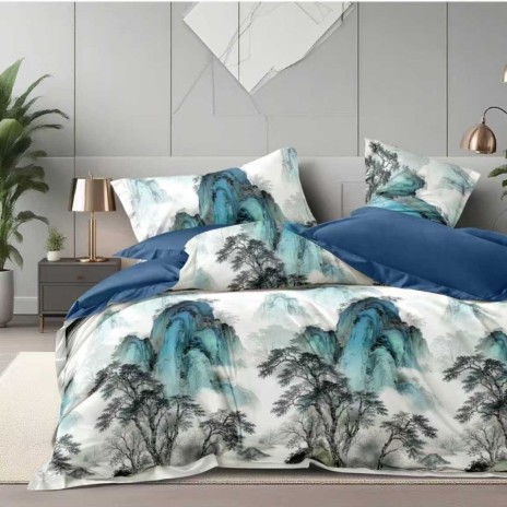Lenjerie pat finet alb albastru petrol, model peisaj montan cu munti si copaci, set 6 piese 230x250